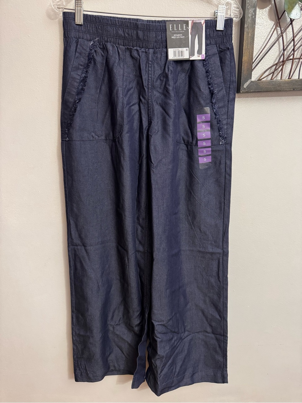 ELLE Women’s Blue Denim Wide-Leg Pants High Rise Fringe Pockets Size S